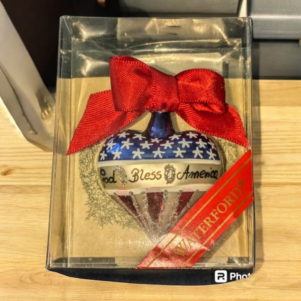 WATERFORD Mini Heart Pin GOD BLESS AMERICA 2.5"Red White Blue Election NEW w BOX